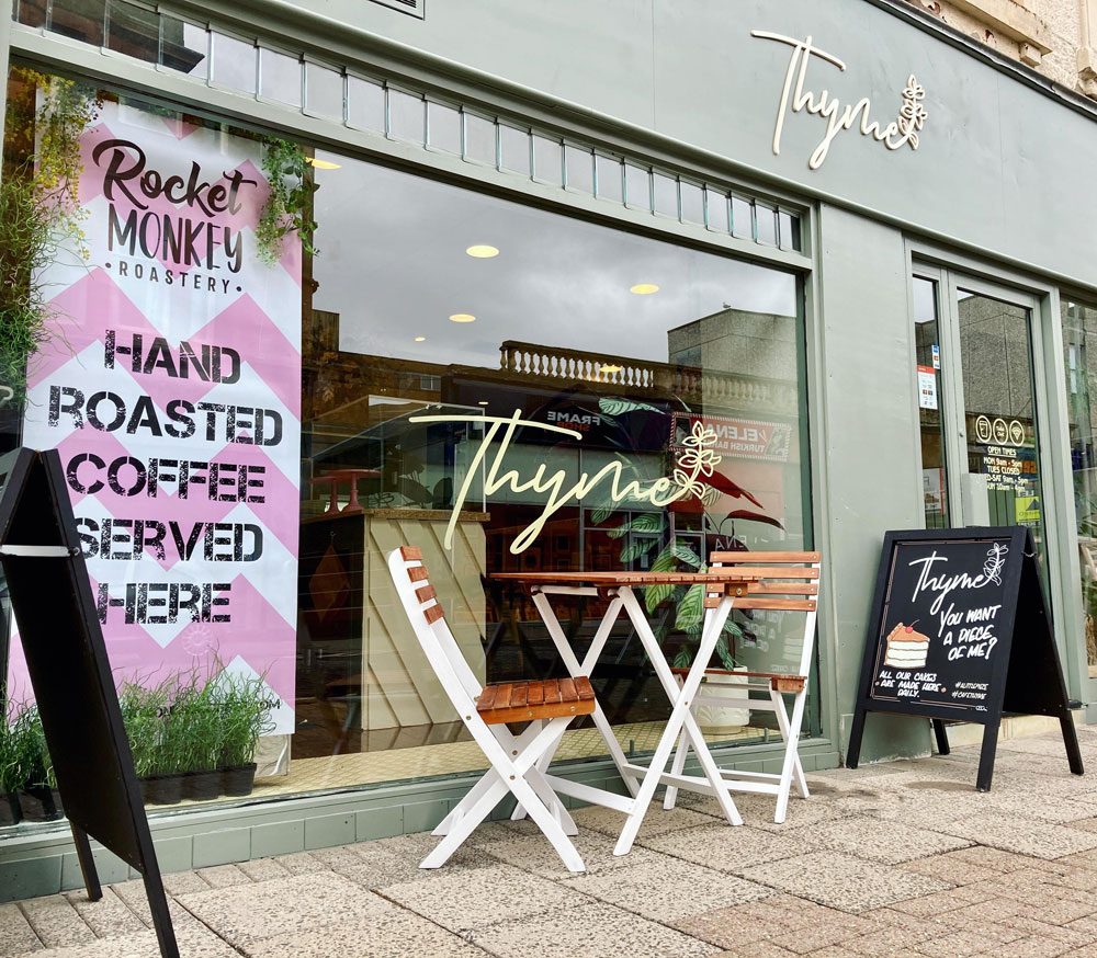Shopfront of Cafe Thyme, Alloway Street, Ayr for sit in or takeaway lunch and brunch.