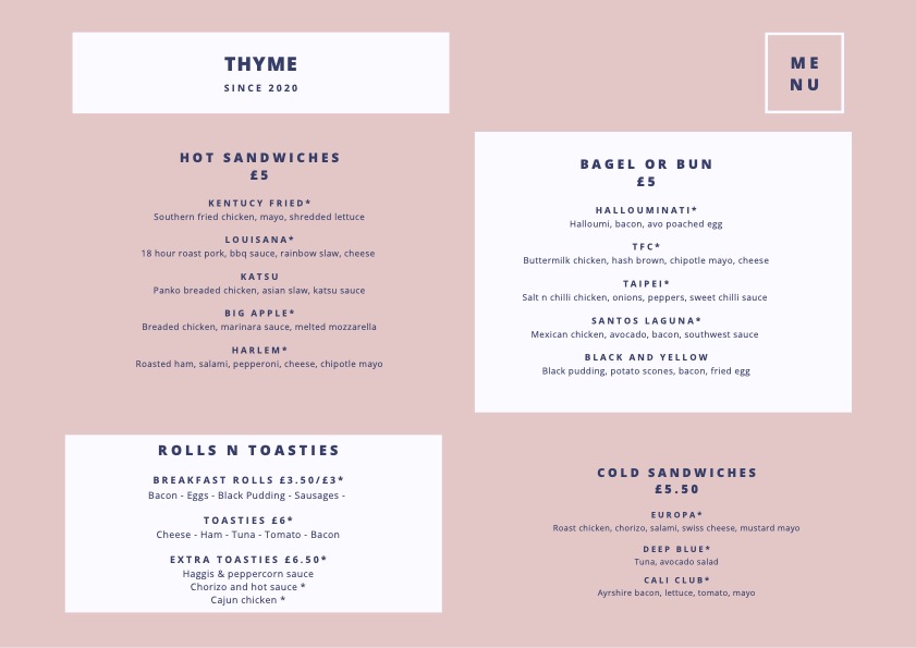 Cafe Thyme, Ayr. Back of menu, April 2023.