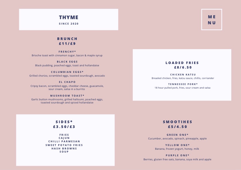 Cafe Thyme, Ayr. Front of menu, April 2023.